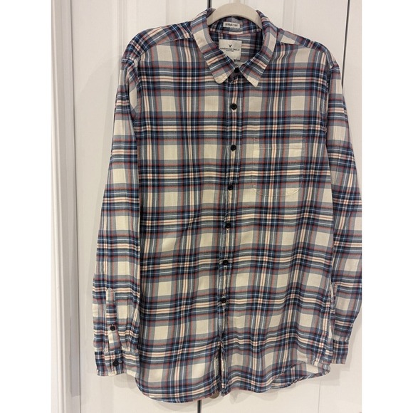 American Eagle Seriously Soft Button Down Shirt Sz XLT Red White Blue - Picture 1 of 10
